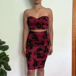 Trixxi Strapless Cut Out Bodycon Dress Womens Medium Red Black Floral Velvet